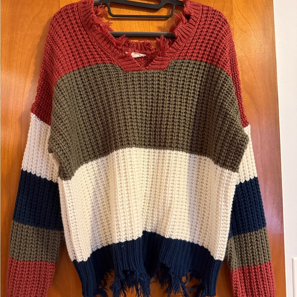Colorblock Knit Sweater - Red, Green, White, and Blue